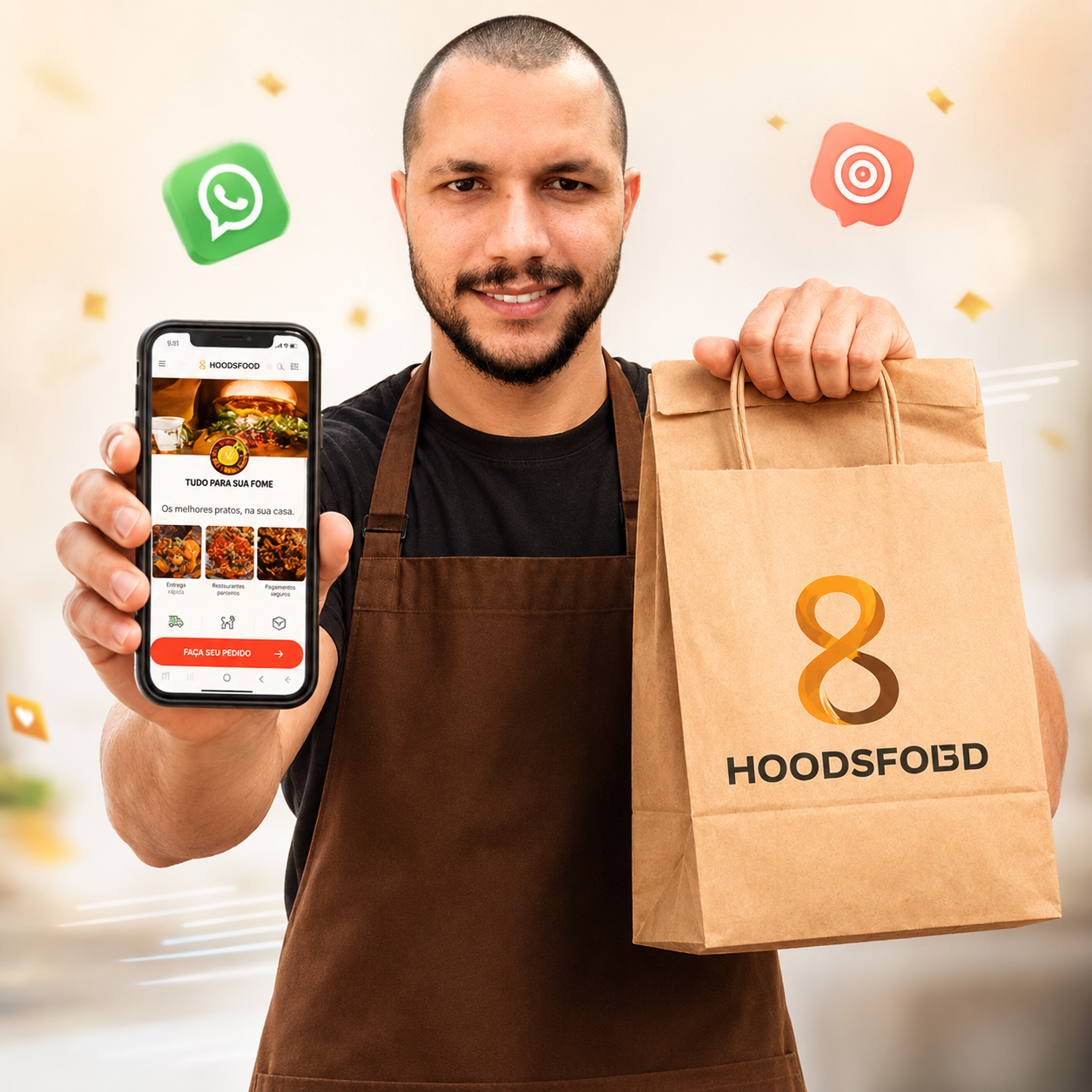 Profissional de restaurante apresentando o HoodsFood no celular