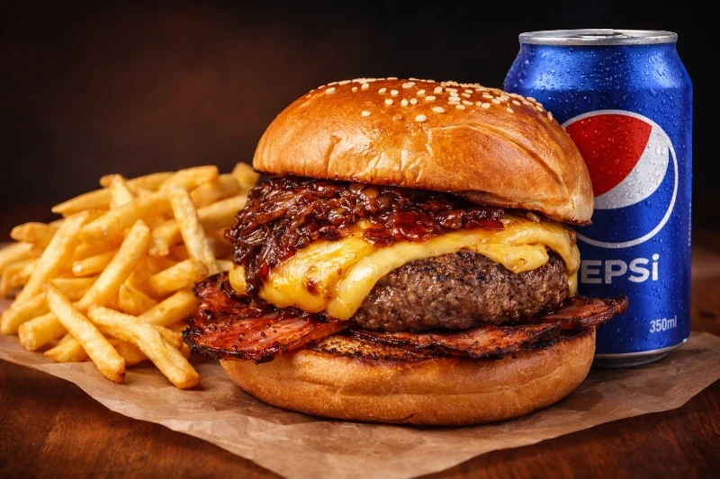 Burger caramell + Fritas + Pepsi Lata